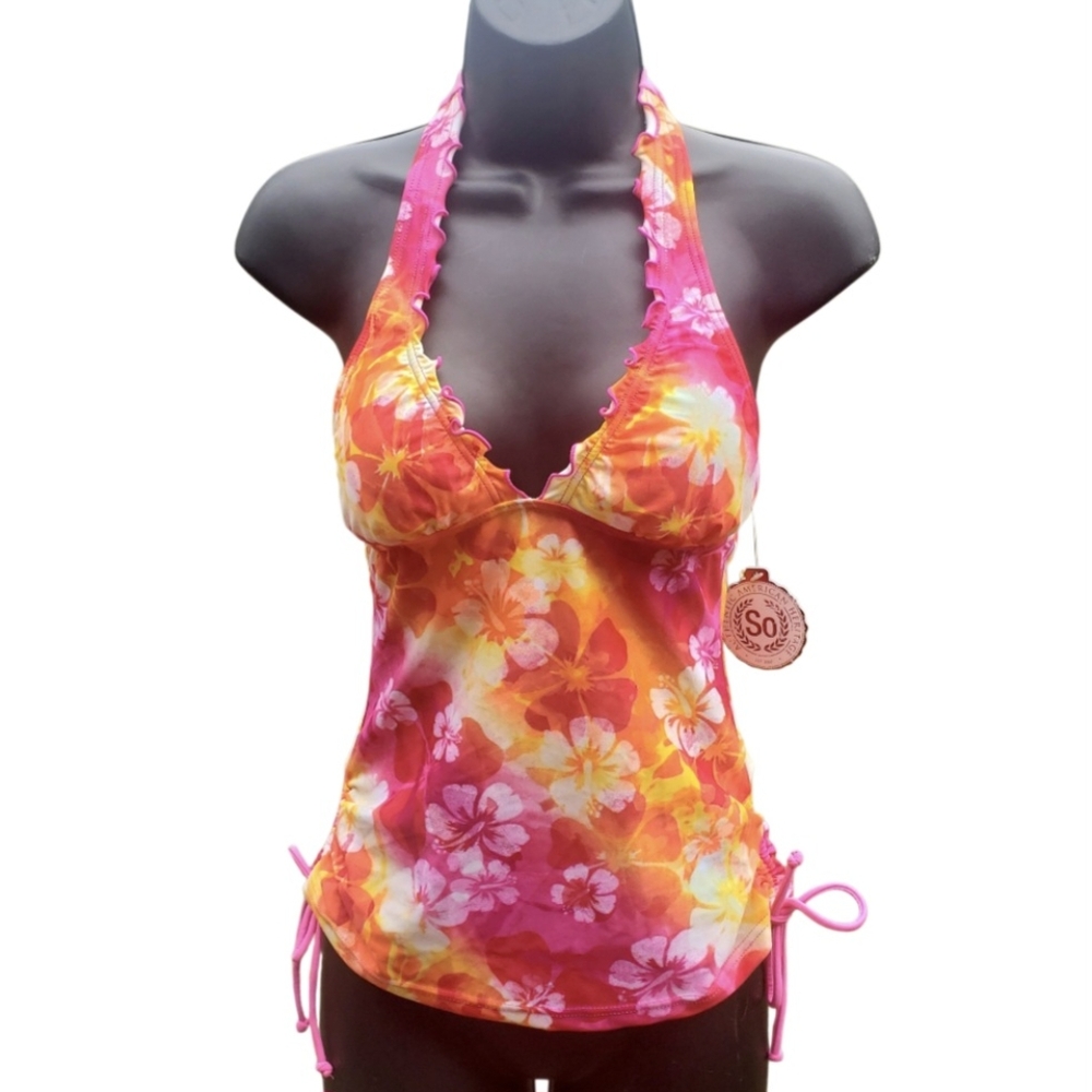 SO Bright Neon Fluorescent Tropical Floral Halter Tankini Top Junior Size XSmall